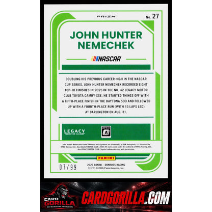 2026 Donruss #27 John Hunter Nemechek Optic Green Velocity #/99