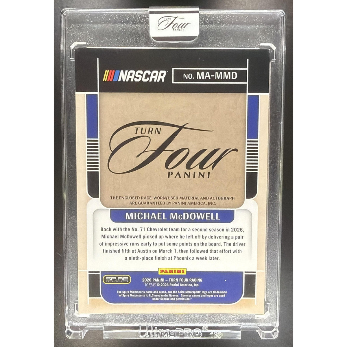 2026 Panini Turn Four Racing Michael McDowell #MA-MMD Memorabilia Auto Red /15