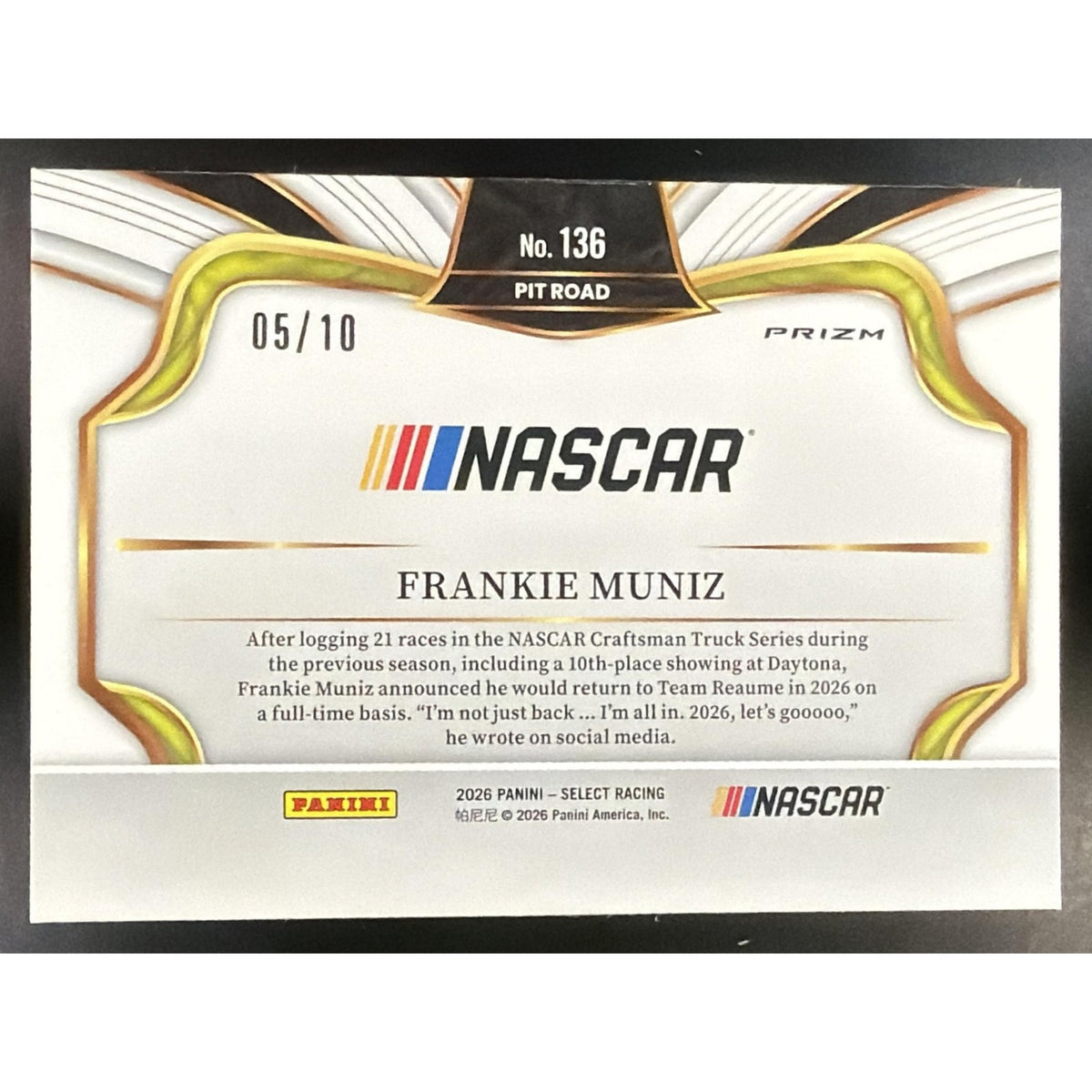 2026 Panini Select NASCAR Frankie Muniz #136 Set - Pit Road Gold Prizms 5/10