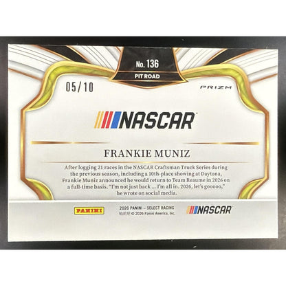 2026 Panini Select NASCAR Frankie Muniz #136 Set - Pit Road Gold Prizms 5/10