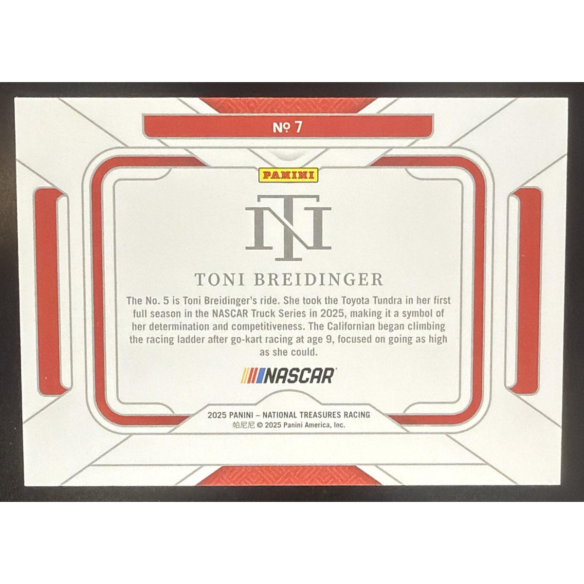 2025 Panini National Treasures Toni Breidinger #7 Rides Gold 3/15