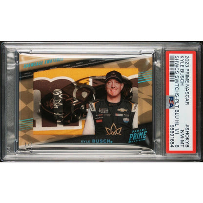 2023 Panini Prime Showcase Swatches Kyle Busch M&M Patch Platinum Blue 1/1 PSA 8