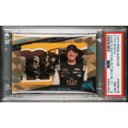 2023 Panini Prime Showcase Swatches Kyle Busch M&M Patch Platinum Blue 1/1 PSA 8