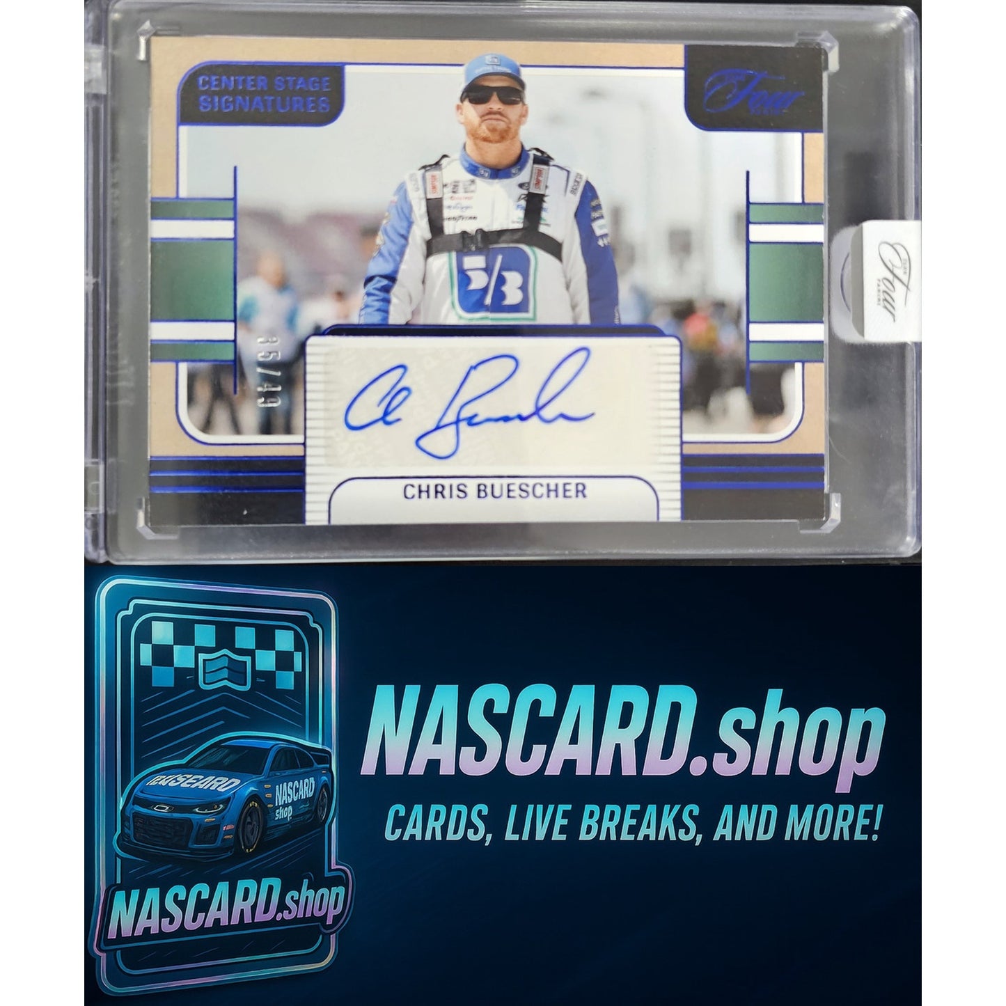2025 Panini Turn Four #CSS-CBR Chris Buescher Center Stage Signatures Blue #/49