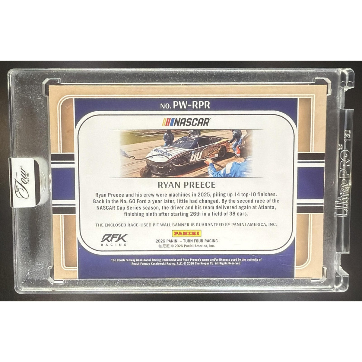 2026 Panini Turn Four Racing Ryan Preece #PW-RPR Pit Wall Jumbo Swatches /99 MEM