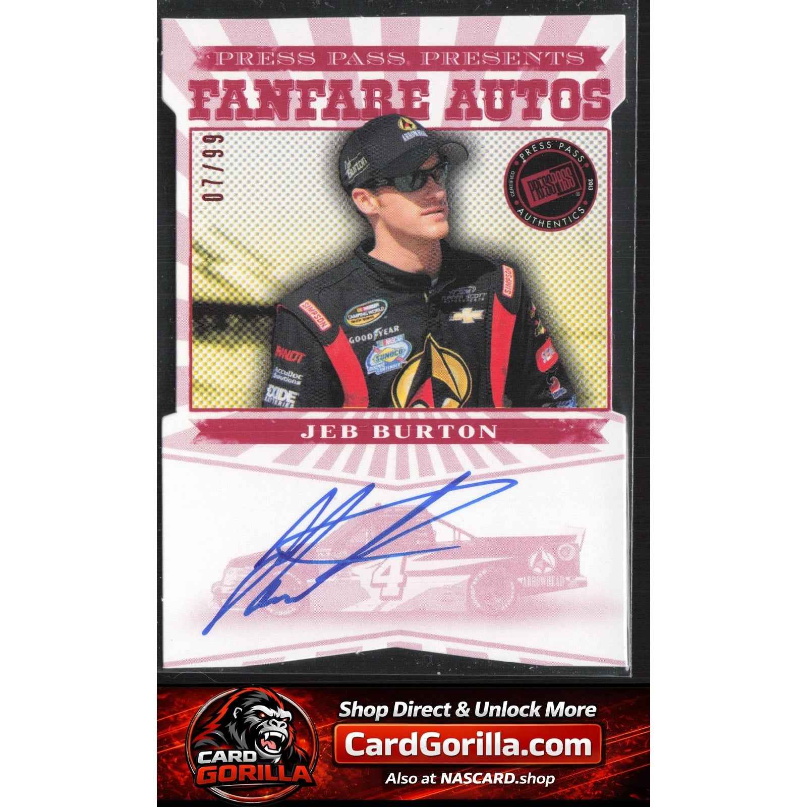 2013 Press Pass Fanfare #FFA-JB3 Jeb Burton Autographs - Red Car Shot #/99