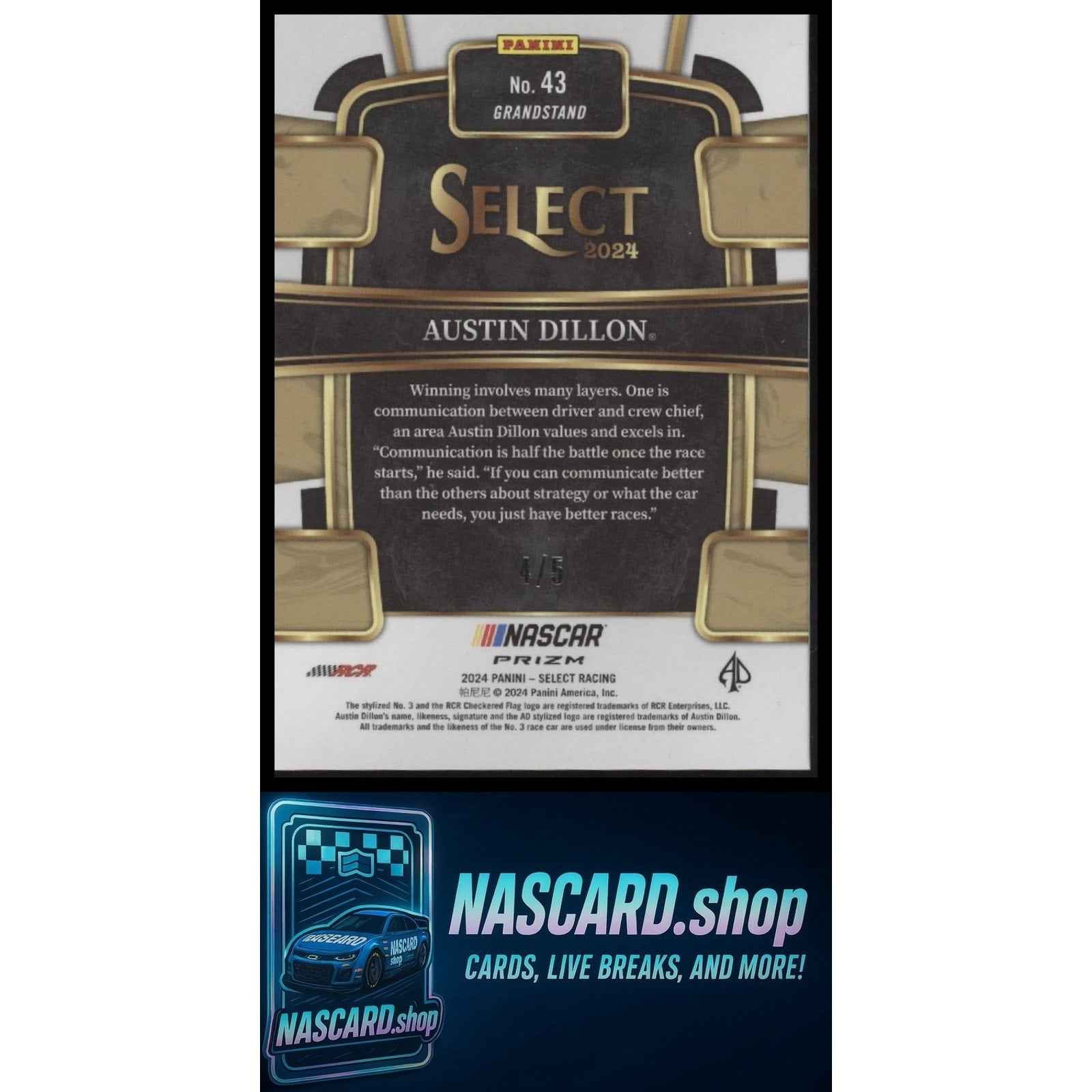 2024 Panini Select #43 Austin Dillon Green Prizms #/5