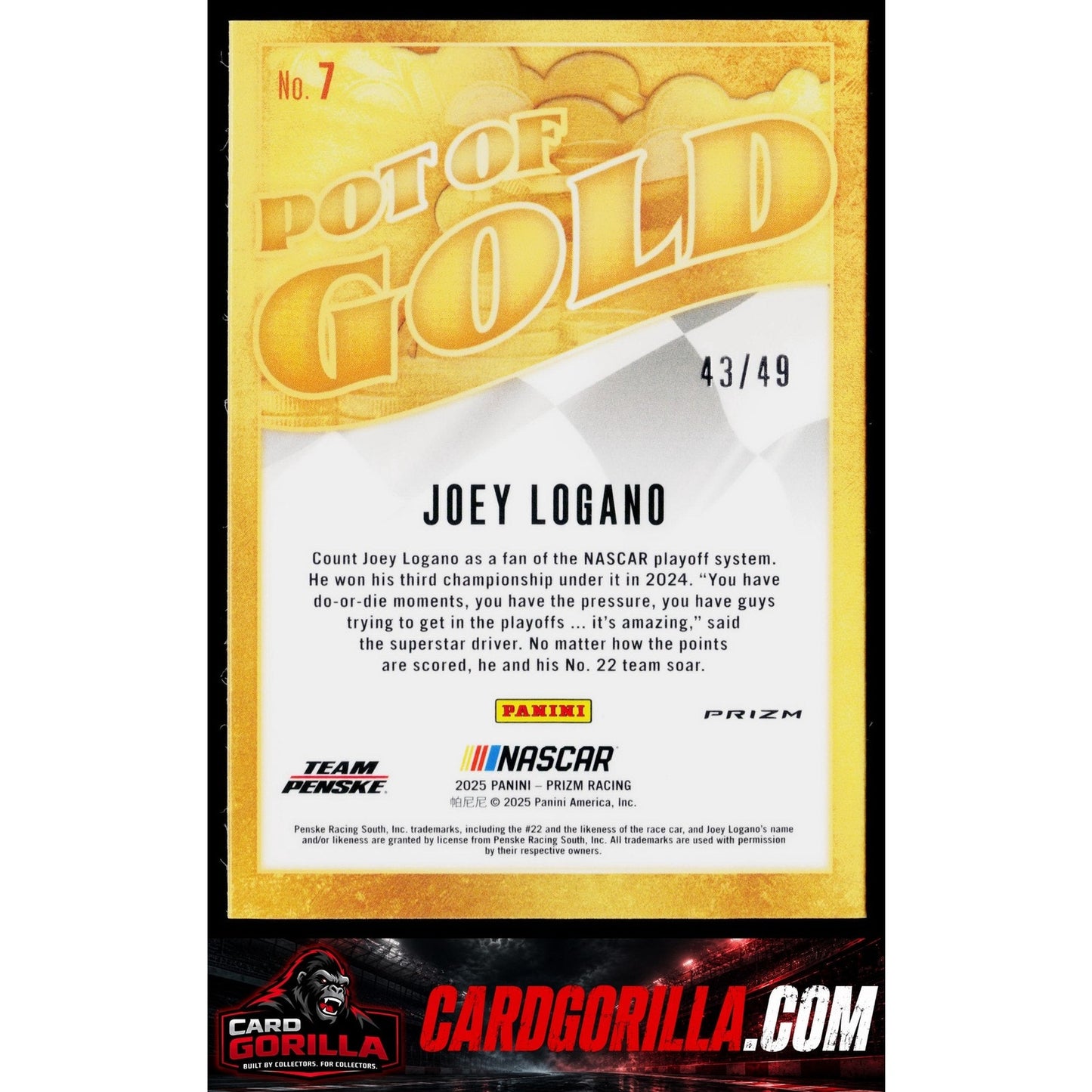 2025 Panini Prizm #7 Joey Logano Pot Of Gold Blue #/49