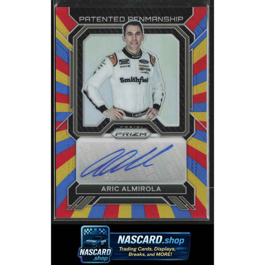 2023 Panini Prizm #PP-AAL Aric Almirola Patented Penmanship Rainbow Prizm #/24