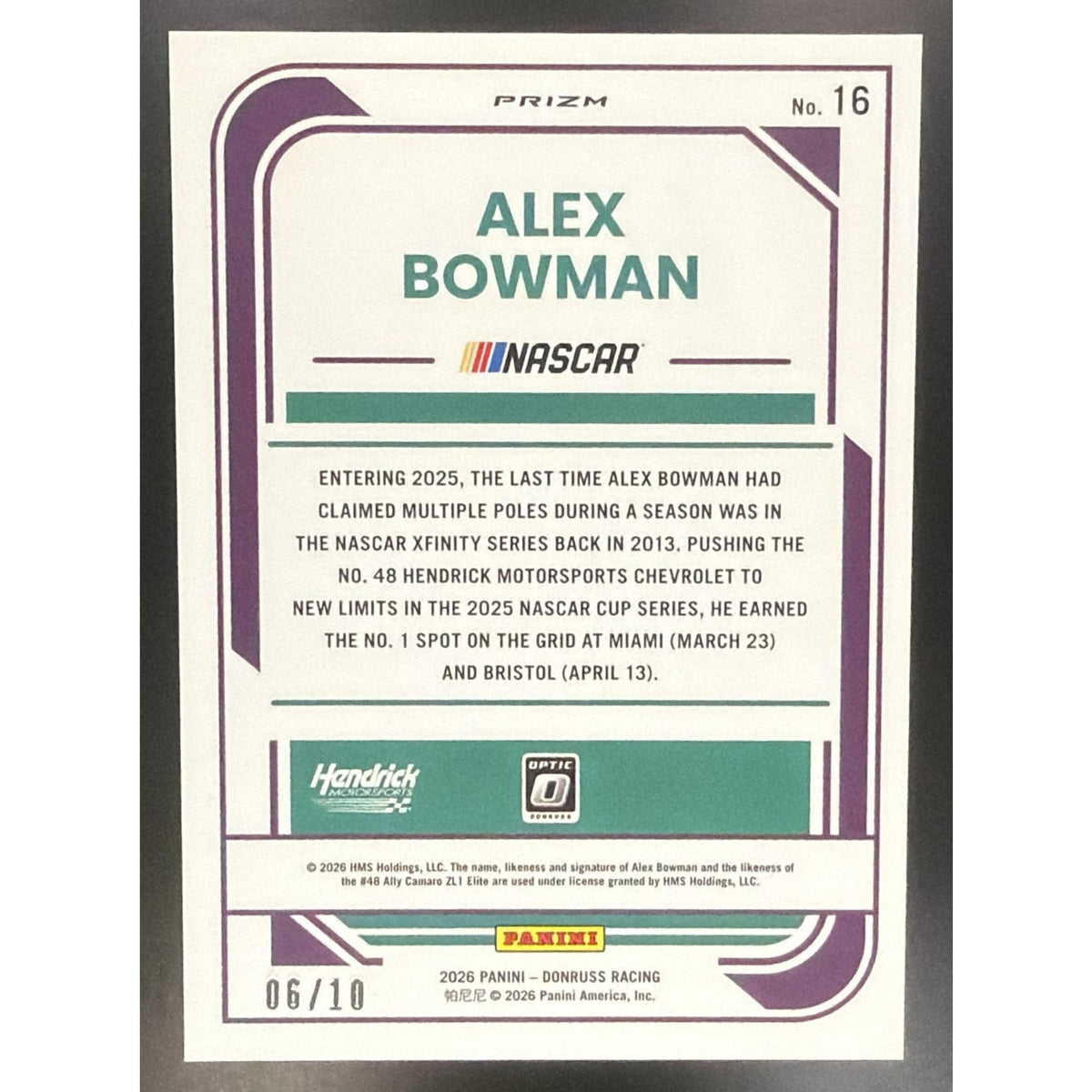 2026 Panini Donruss NASCAR Racing Alex Bowman #16 Optic Gold 6/10