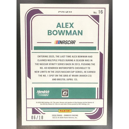 2026 Panini Donruss NASCAR Racing Alex Bowman #16 Optic Gold 6/10