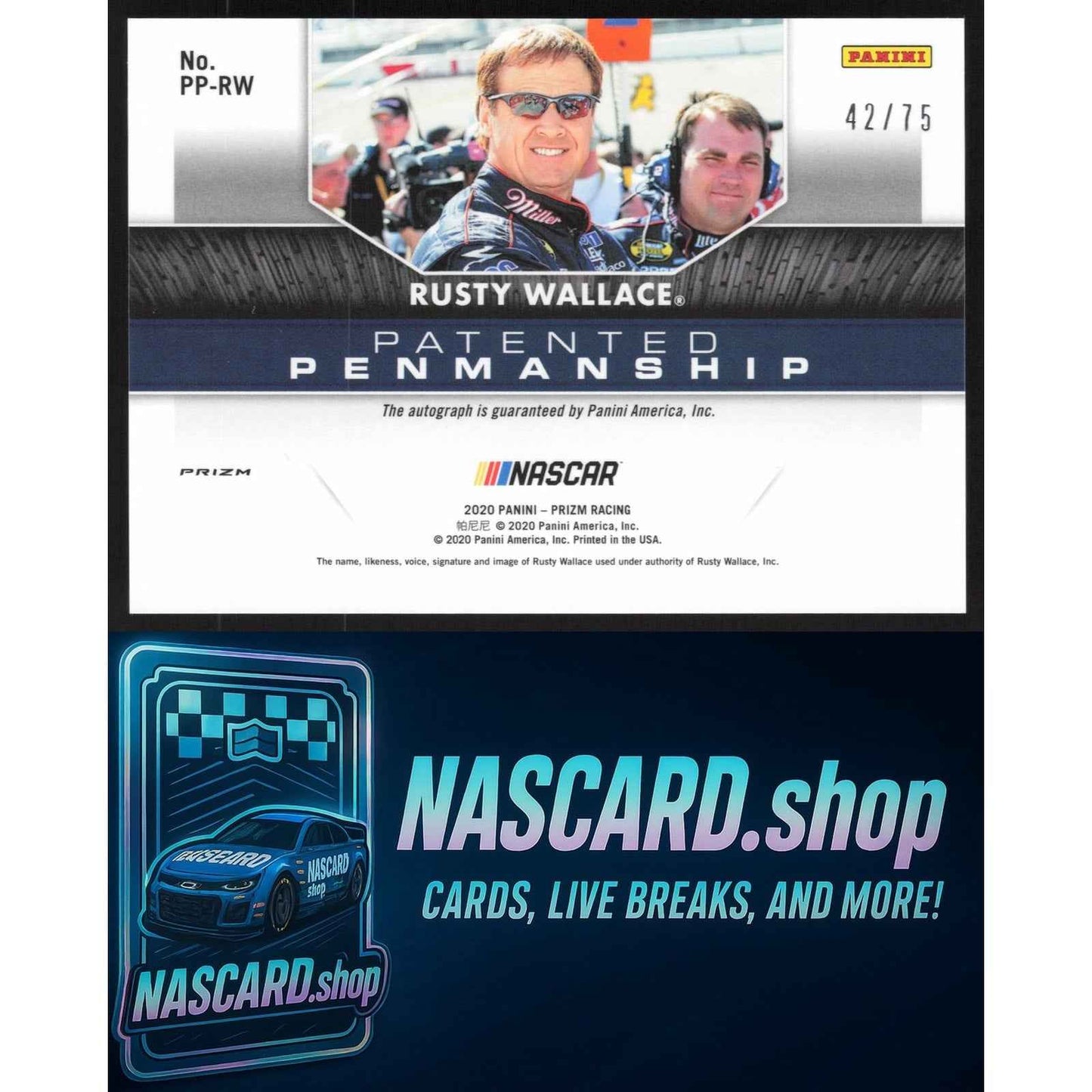 2020 Panini Prizm #PP-RW Rusty Wallace Patented Penmanship Silver Mosaic #/75