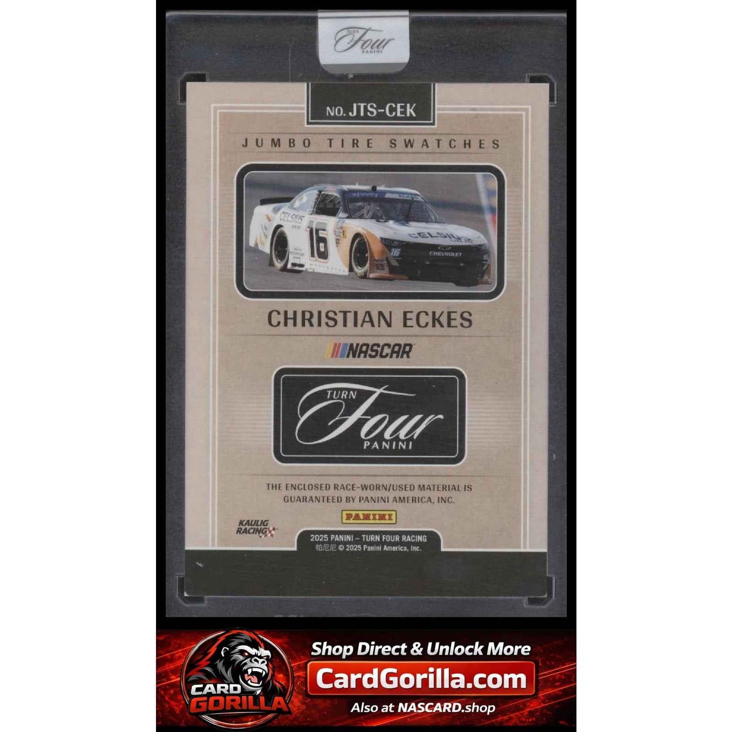 2025 Panini Turn Four #JTS-CEK Christian Eckes Jumbo Tire Swatches Red #/25