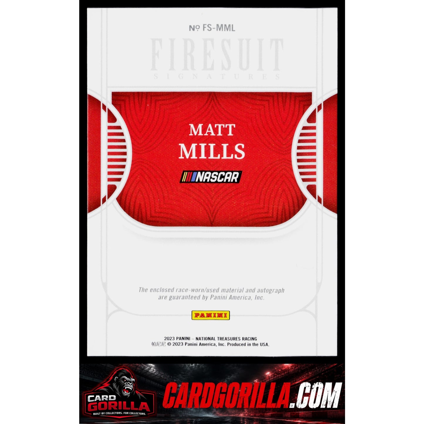 2023 Panini National Treasures #FS-MML Matt Mills Firesuit Signatures #/99