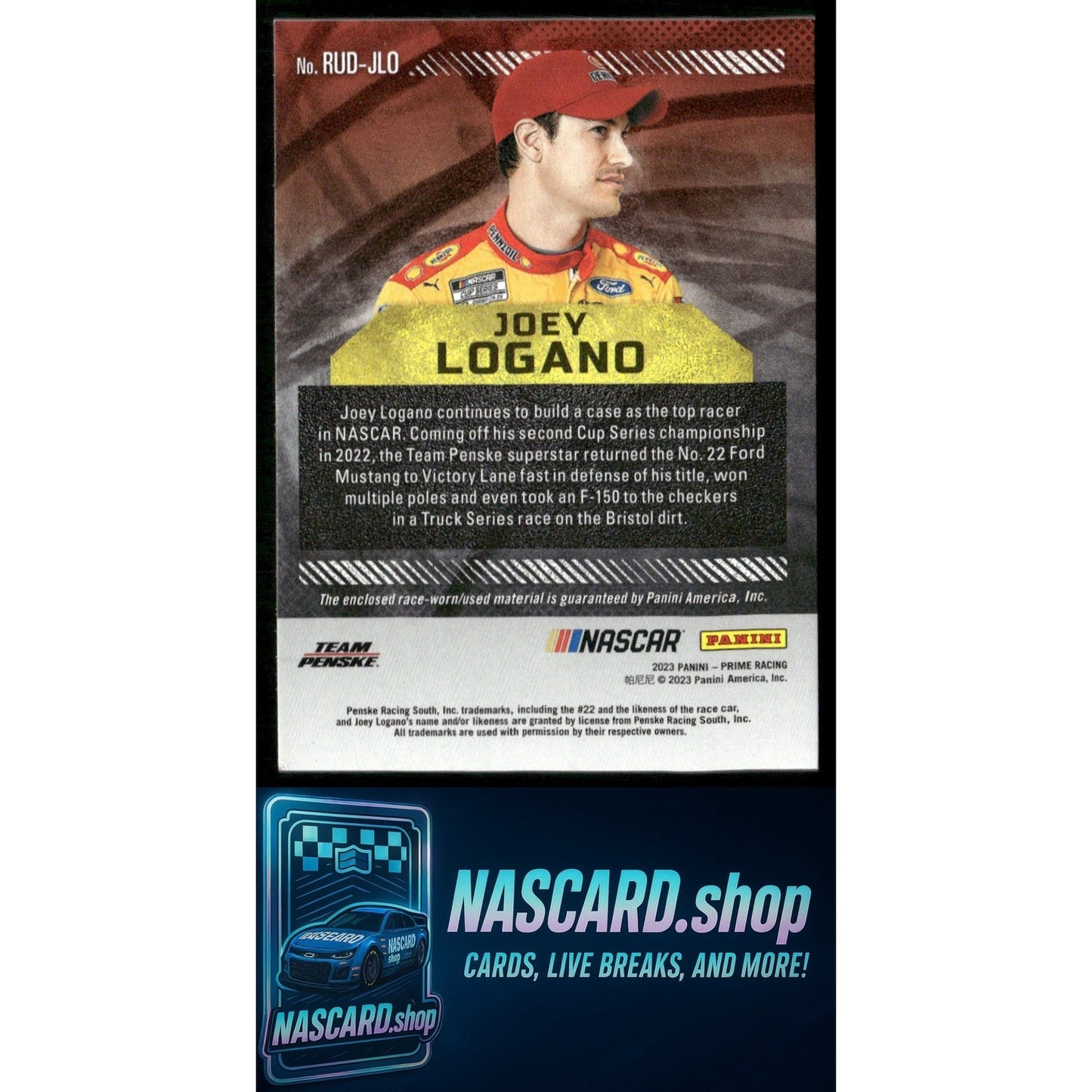 2023 Panini Prime #RUT-JLO Joey Logano Race Used Trios Firesuits Holo Gold #/25 - Card Gorilla
