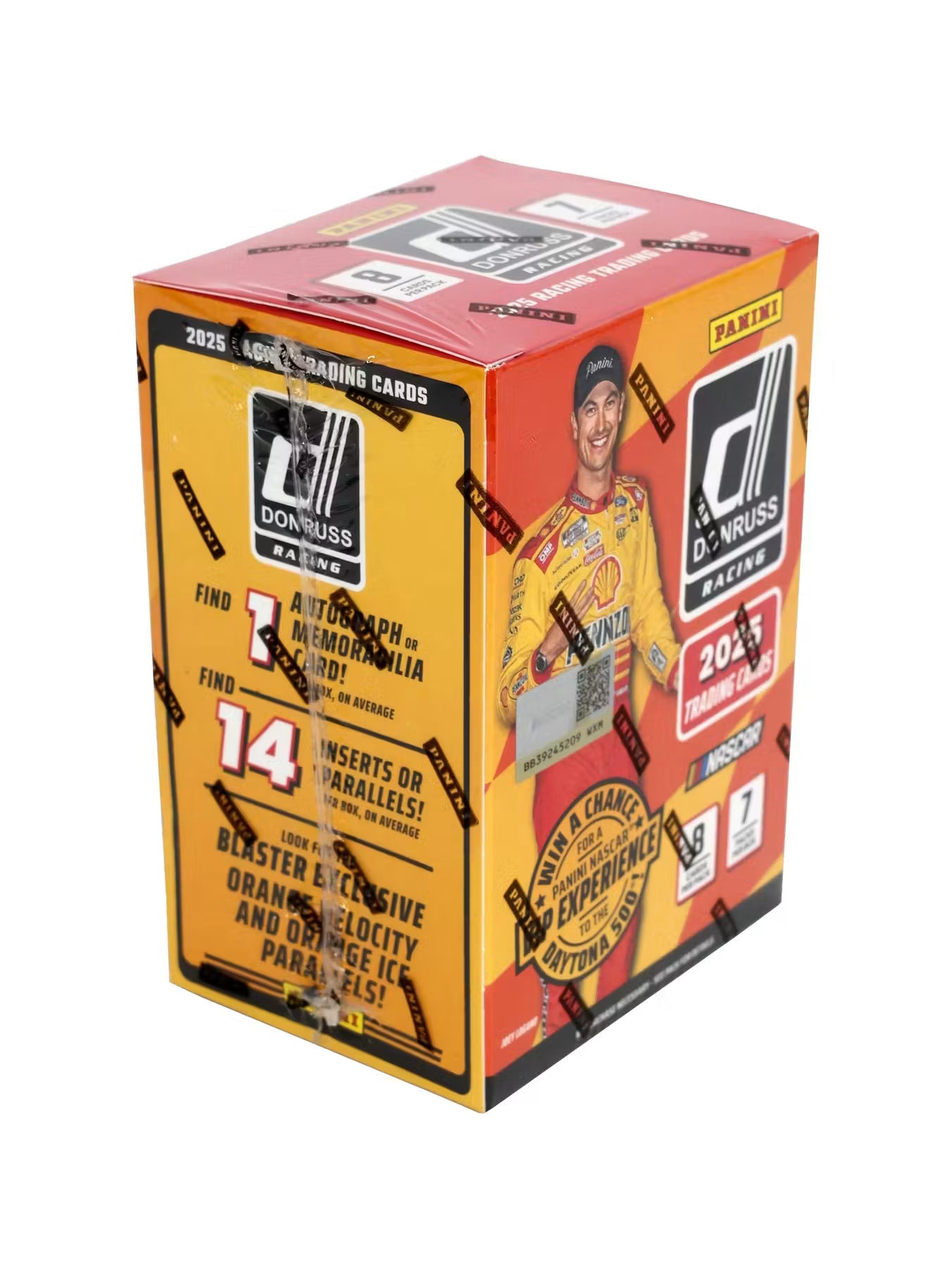 A 2025 Donruss Racecar trading card box by Panini, featuring a bright yellow and red design with a NASCAR driver illustration and promotional text.
