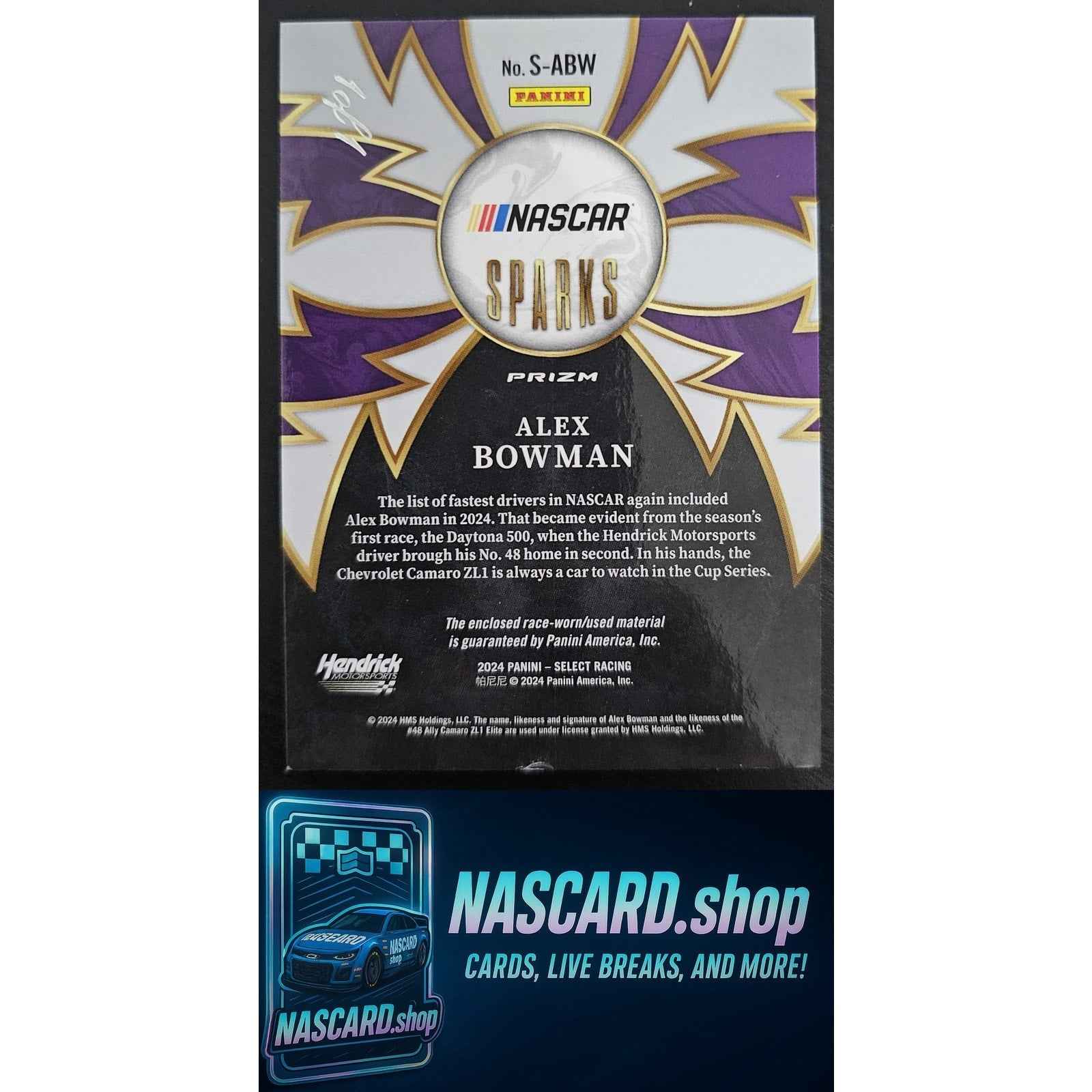 2024 Panini Select #S-ABW Alex Bowman Sparks Black Prizms #1/1