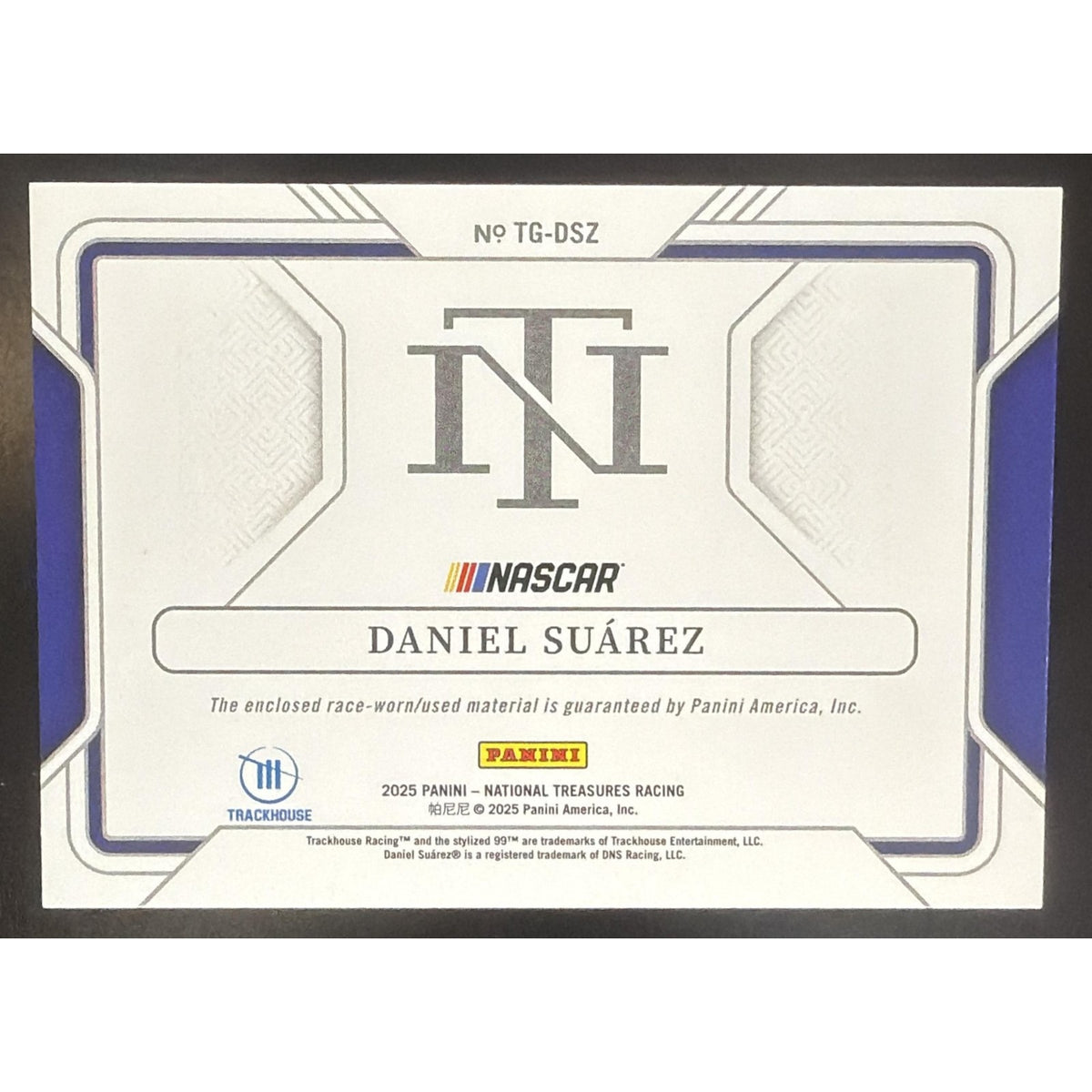 2025 Panini National Treasures Daniel Suarez #8 Track Gear Blue /75