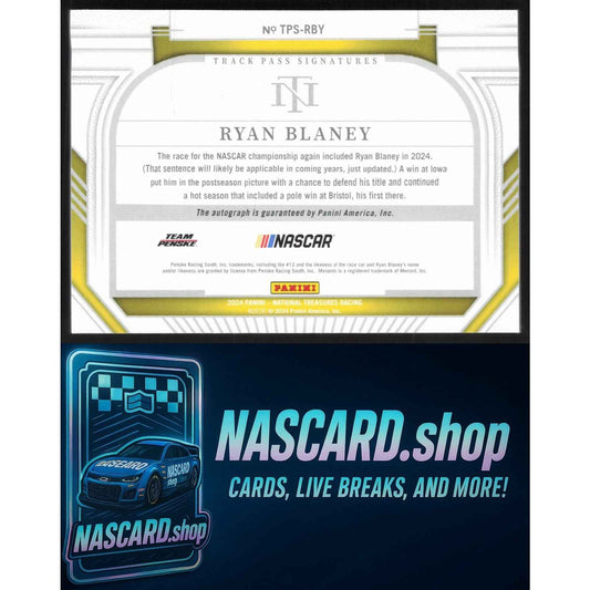 2024 National Treasures Ryan Blaney Track Pass Signatures Holo Silver #/25