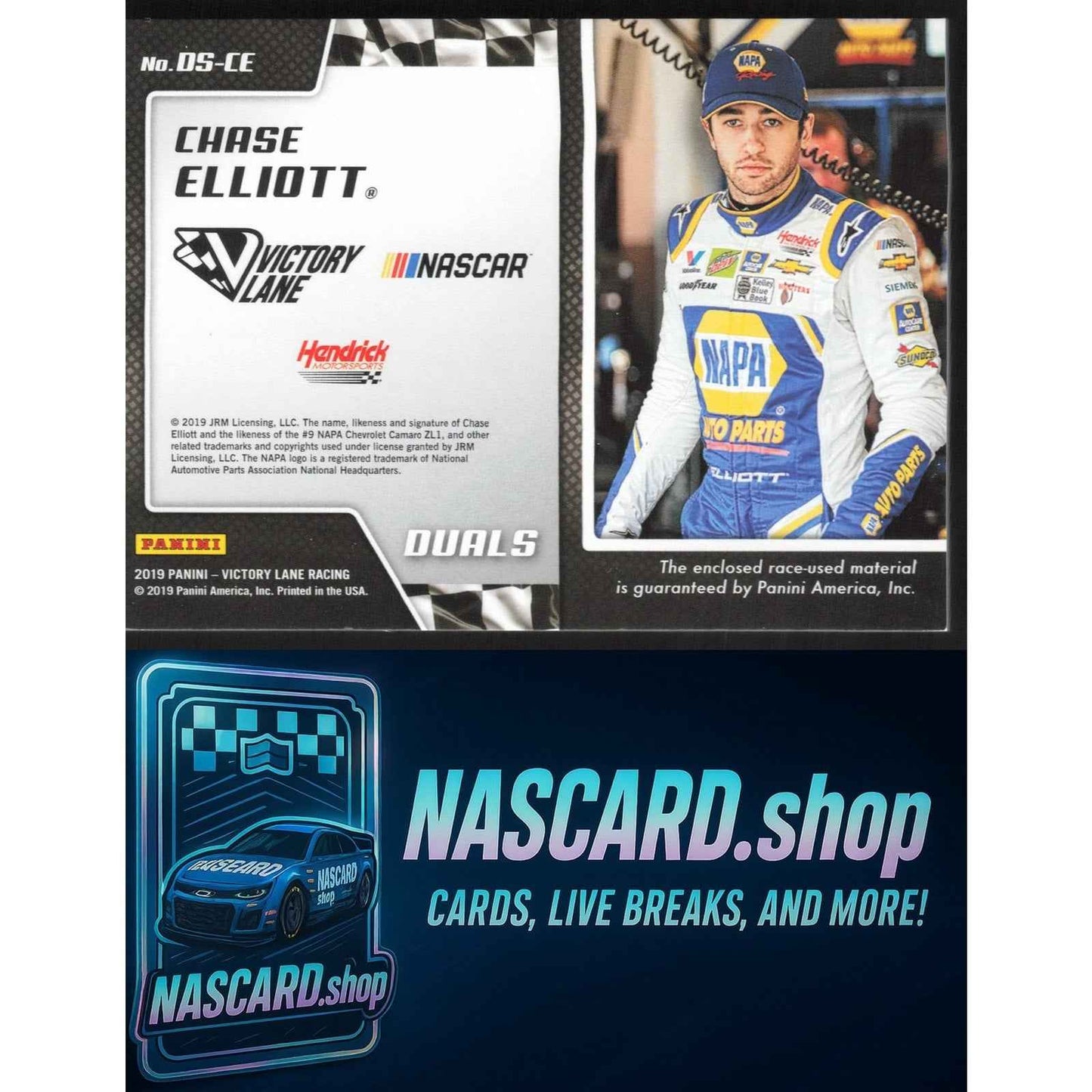2019 Panini Victory Lane #DS-CE Chase Elliott Dual Swatches Red #/25