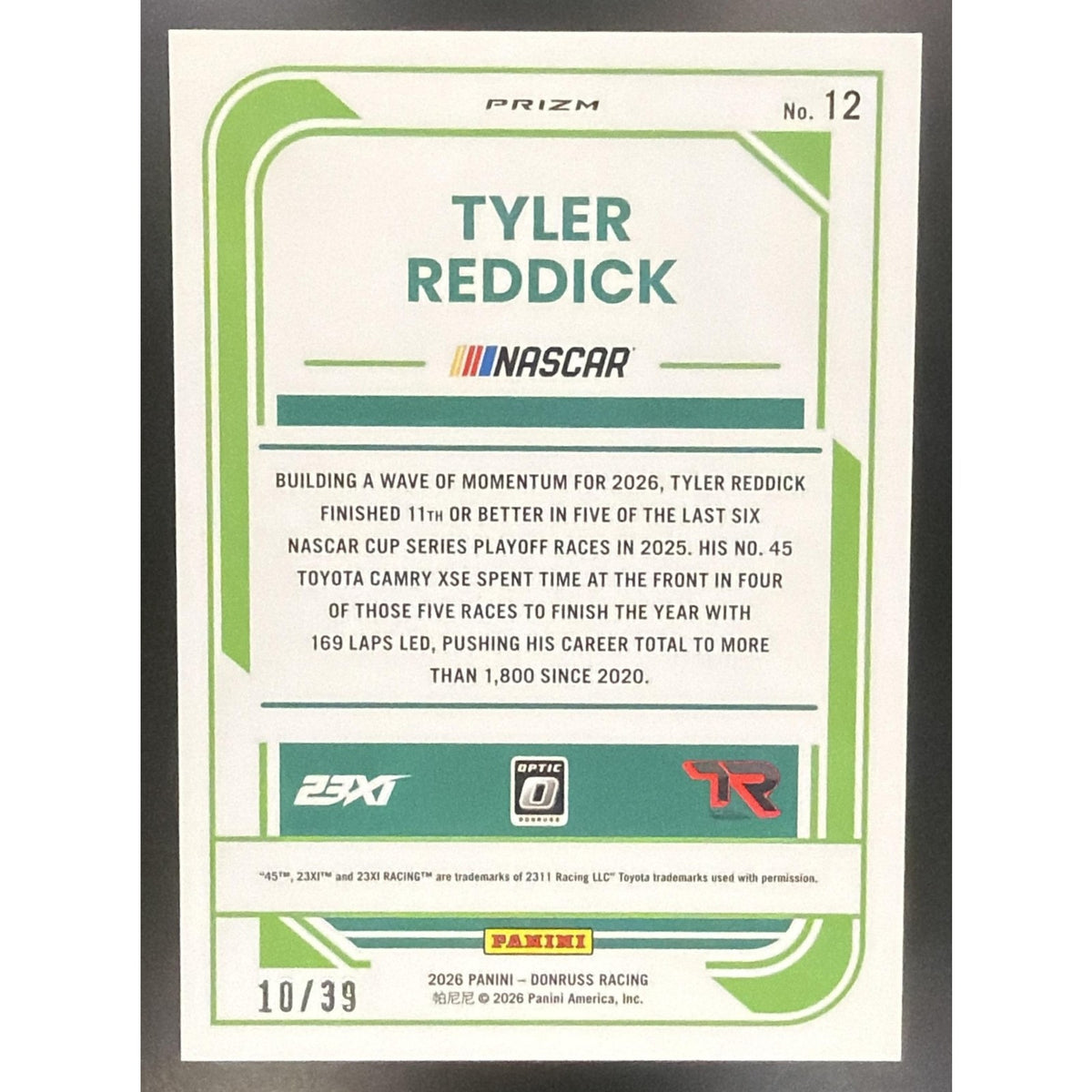 2026 Panini Donruss NASCAR Racing Tyler Reddick #12 Optic Black Velocity 10/39