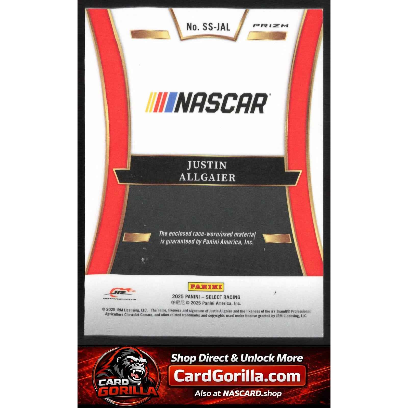 2025 Panini Select #SS-JAL Justin Allgaier Selective Swatches Ice Prizms