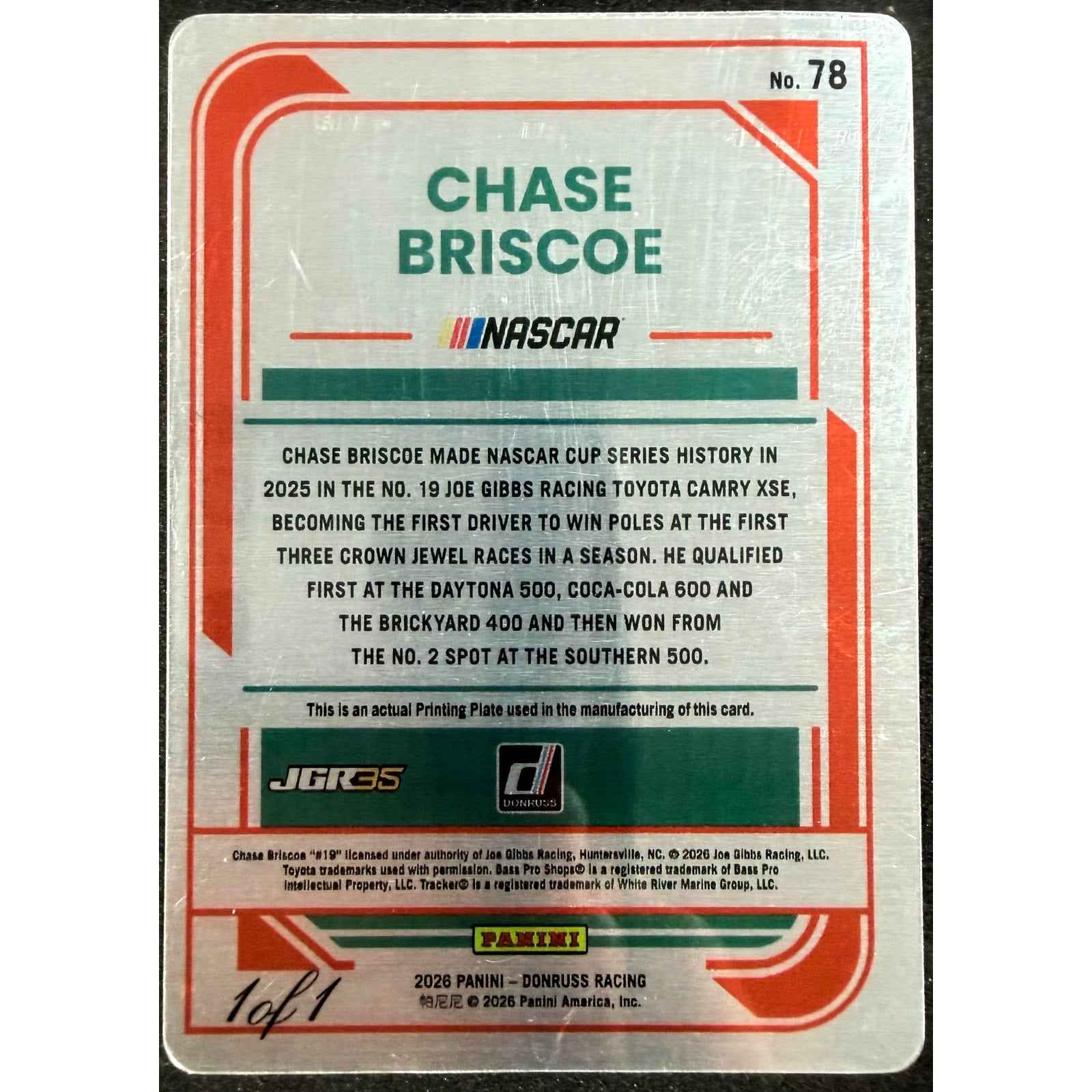 2026 Donruss #78 Chase Briscoe Printing Plates Cyan #1/1