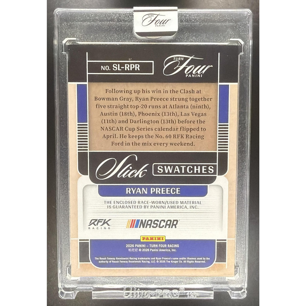 2026 Panini Turn Four Racing Ryan Preece #SL-RPR Slick Swatches 4/99 MEM