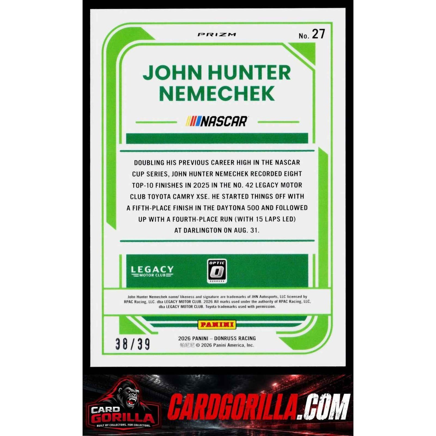 2026 Donruss #27 John Hunter Nemechek Optic Black Velocity #/39