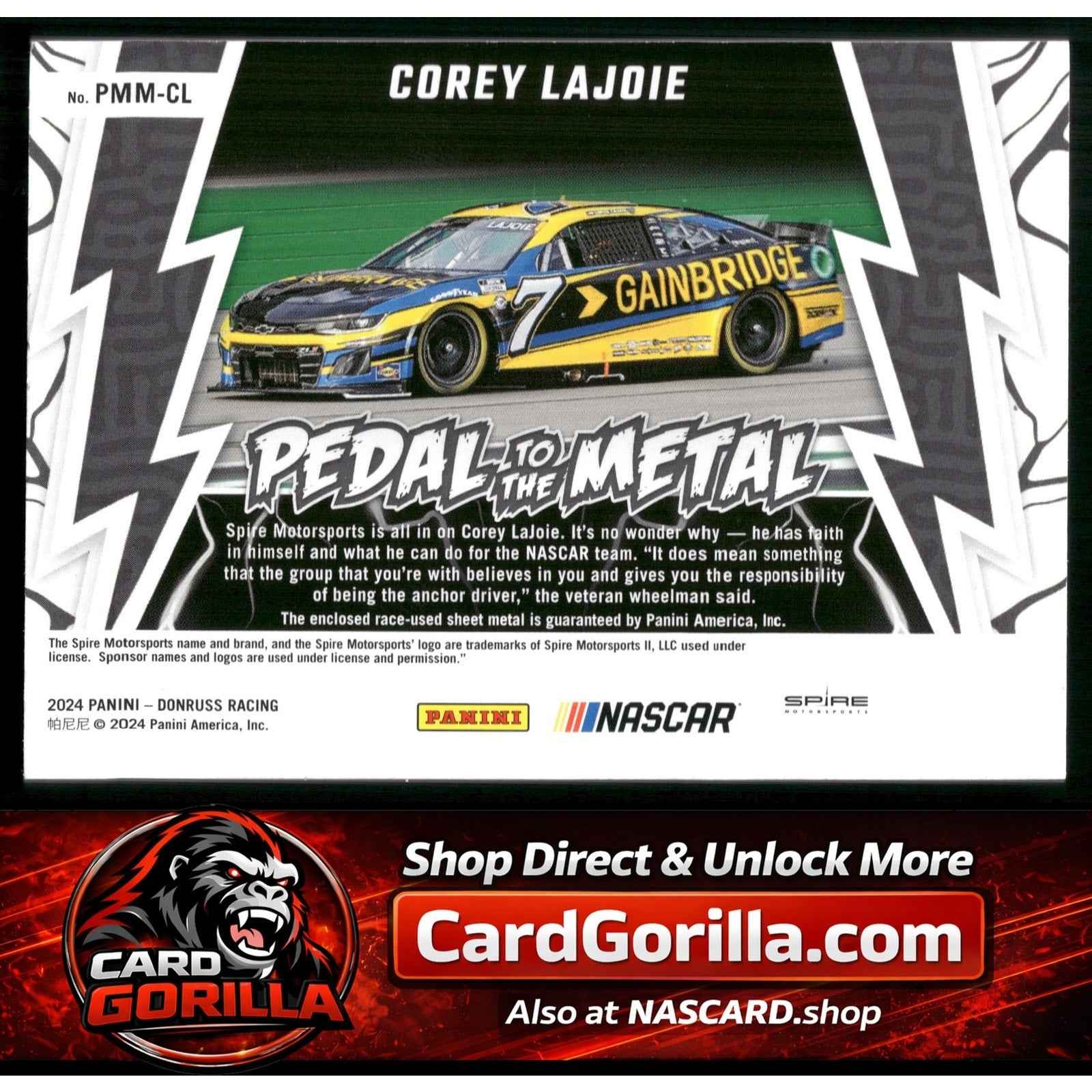 2024 Donruss #PMM-CL Corey LaJoie Pedal to the Metal Materials Gold #/10