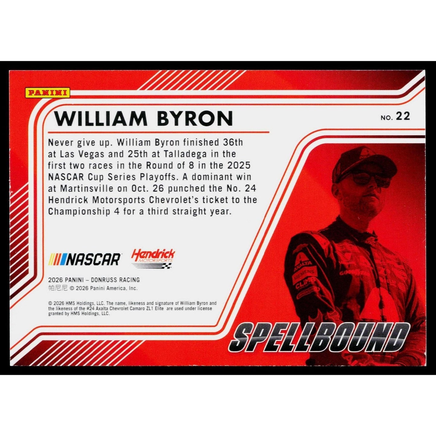2026 Donruss #22 William Byron Spellbound Diamond Plate #/199