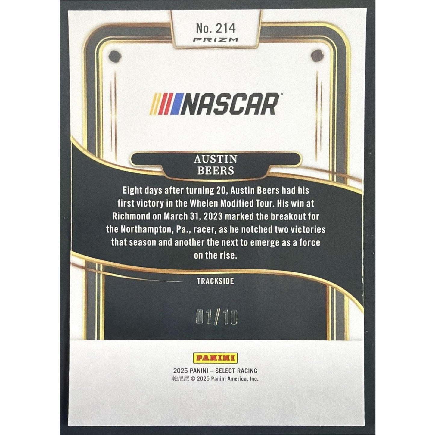 2025 Panini Select NASCAR Austin Beers #214 Trackside Gold Prizms 1/10 RC