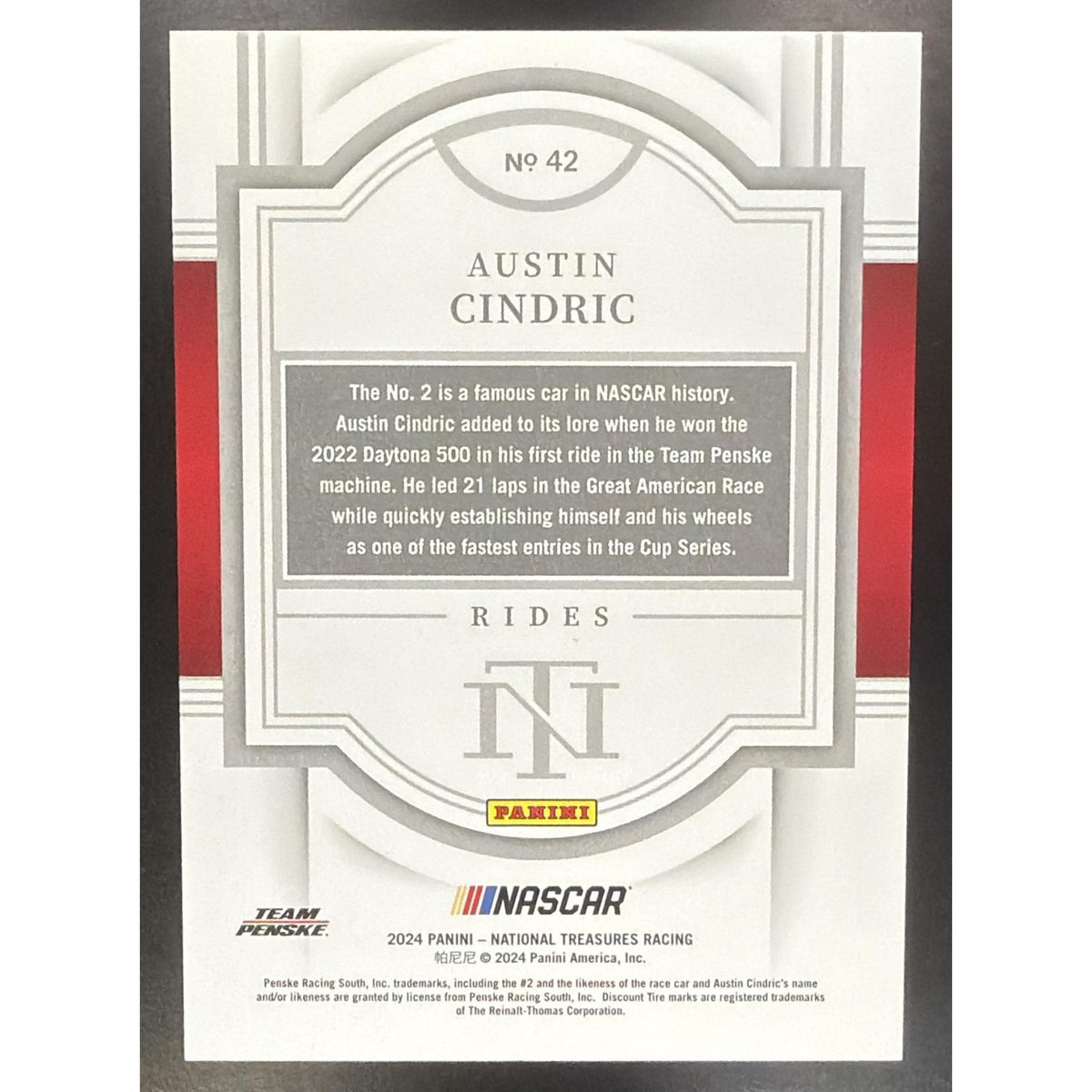2024 Panini National Treasures Austin Cindric #42 Rides Silver Holo 14/25