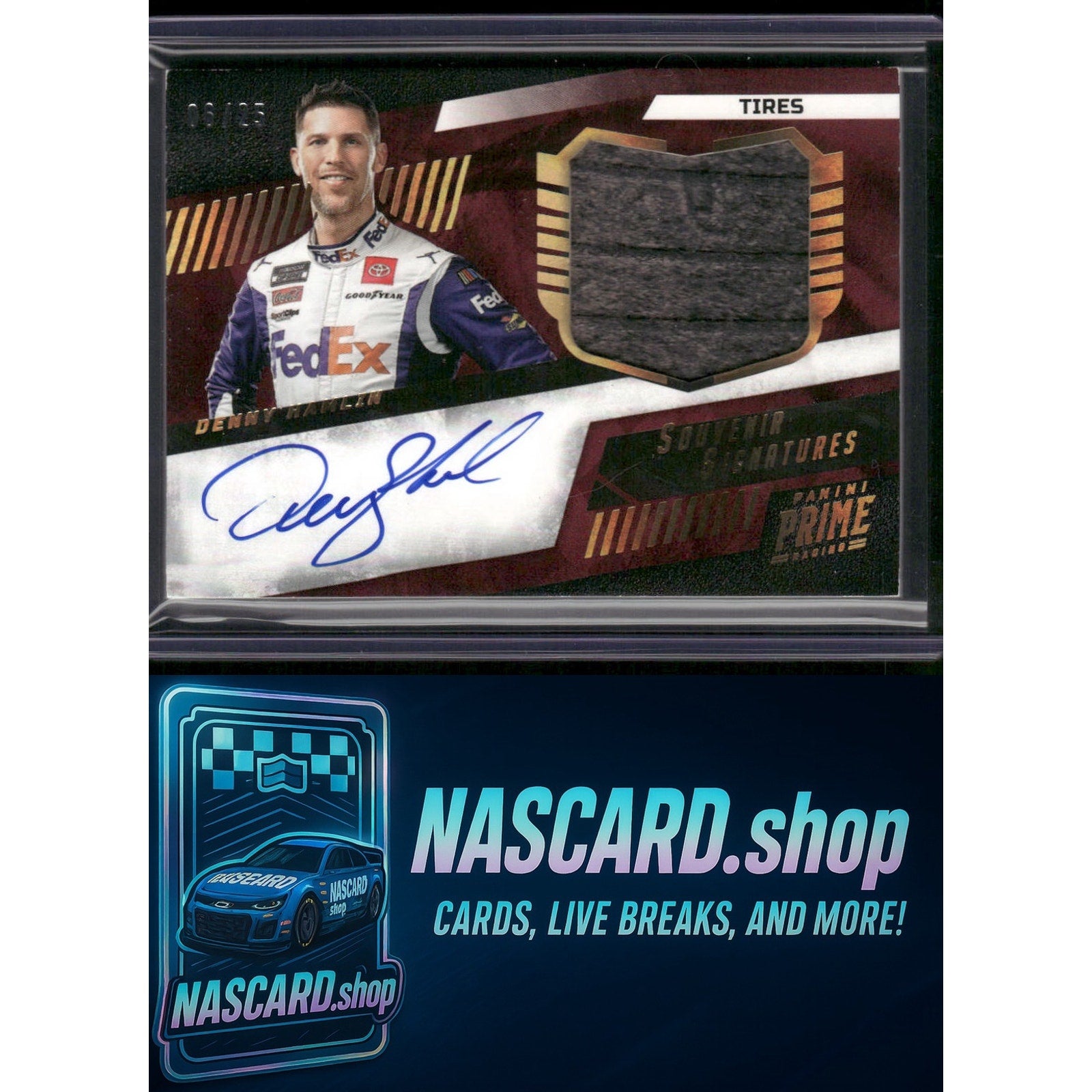 2023 Panini National Treasures Prime Denny Hamlin Souvenir Signatures Tires #/25 - Card Gorilla