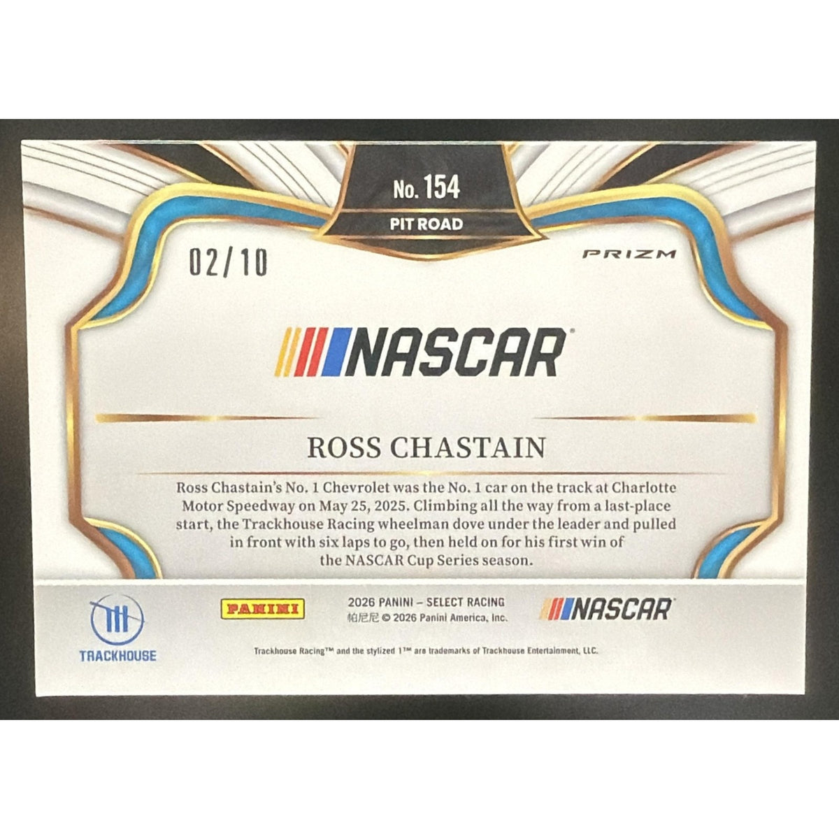 2026 Panini Select NASCAR Ross Chastain #154 Set - Pit Road Gold Prizms 2/10