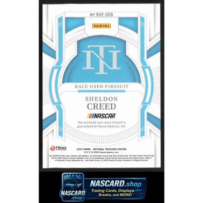 2025 Panini National Treasures Sheldon Creed Race Used Firesuit Silver #/25
