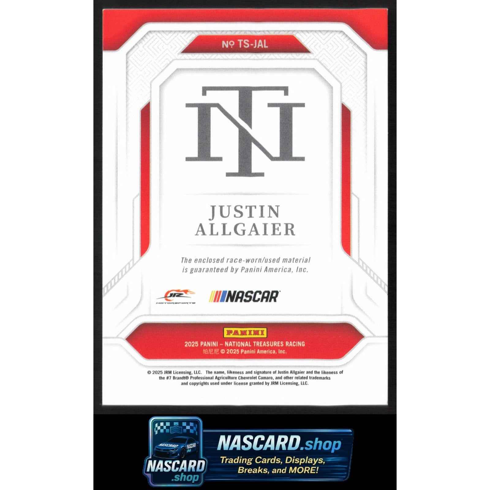 2025 Panini National Treasures #TS-JAL Justin Allgaier Treasured Swatches #/75