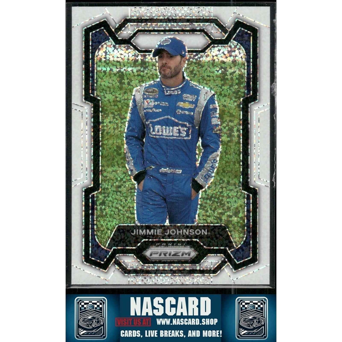 2024 Panini Prizm Racing #18 Jimmie Johnson White Sparkle Prizm - NASCARD.shop
