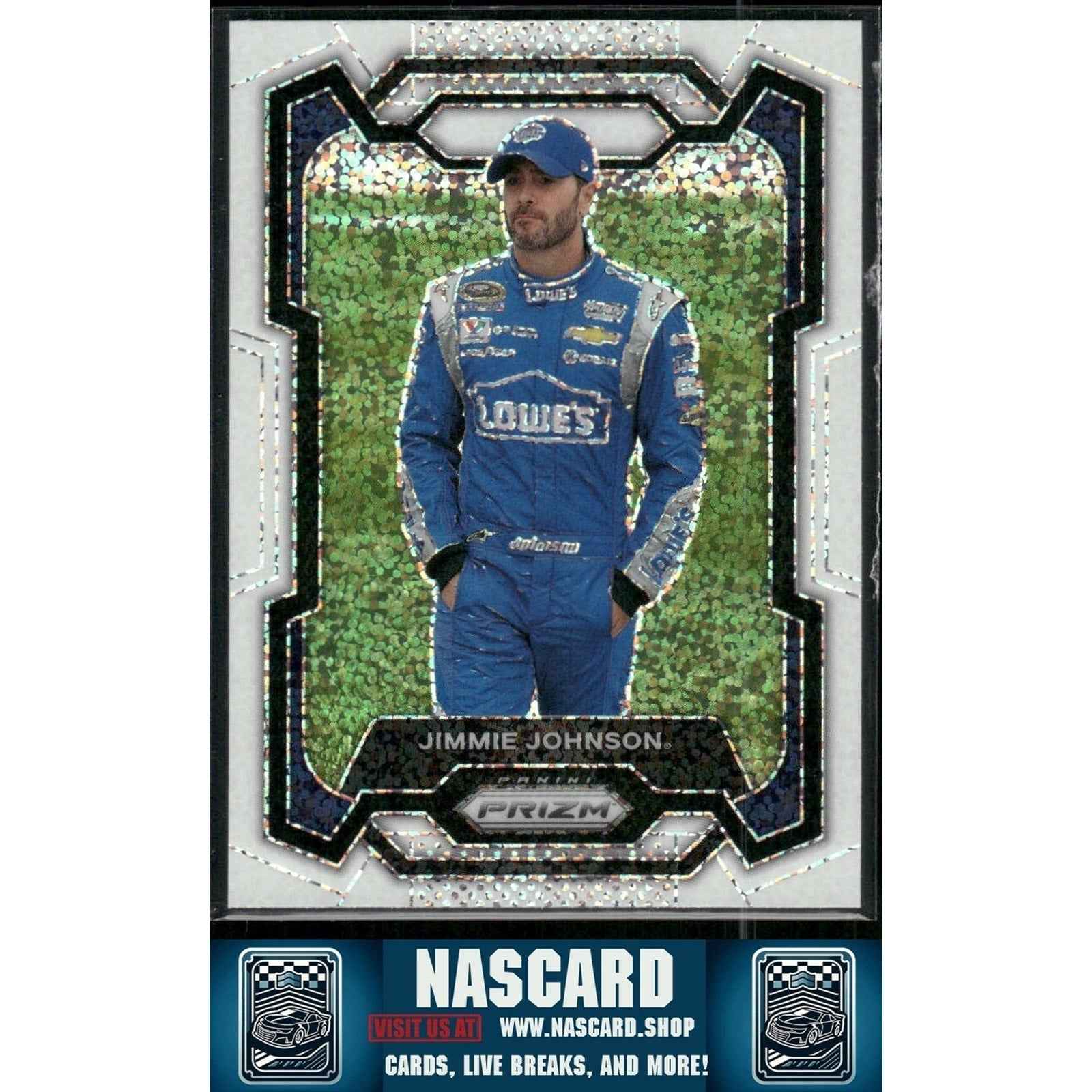 2024 Panini Prizm Racing #18 Jimmie Johnson White Sparkle Prizm - NASCARD.shop