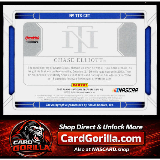 2025 Panini National Treasures #TTS-CET Chase Elliott Triple Threat Signers #/99