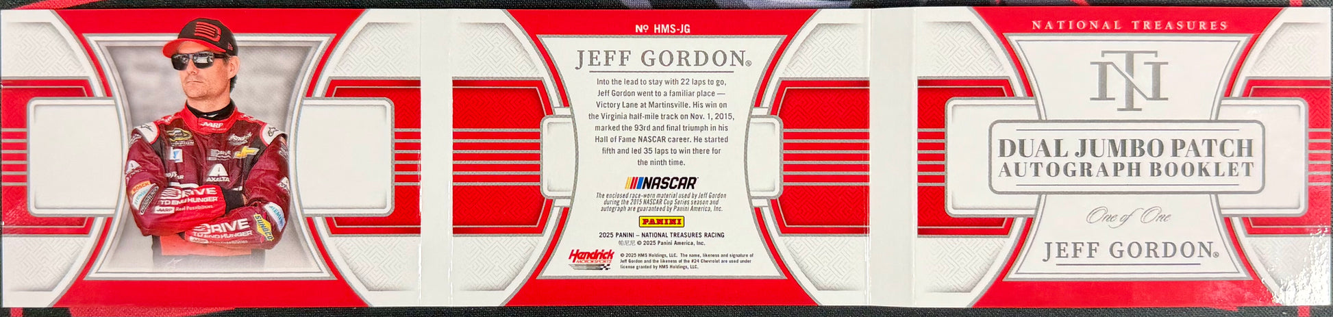 Jeff Gordon dual jumbo patch autograph booklet with red and white design