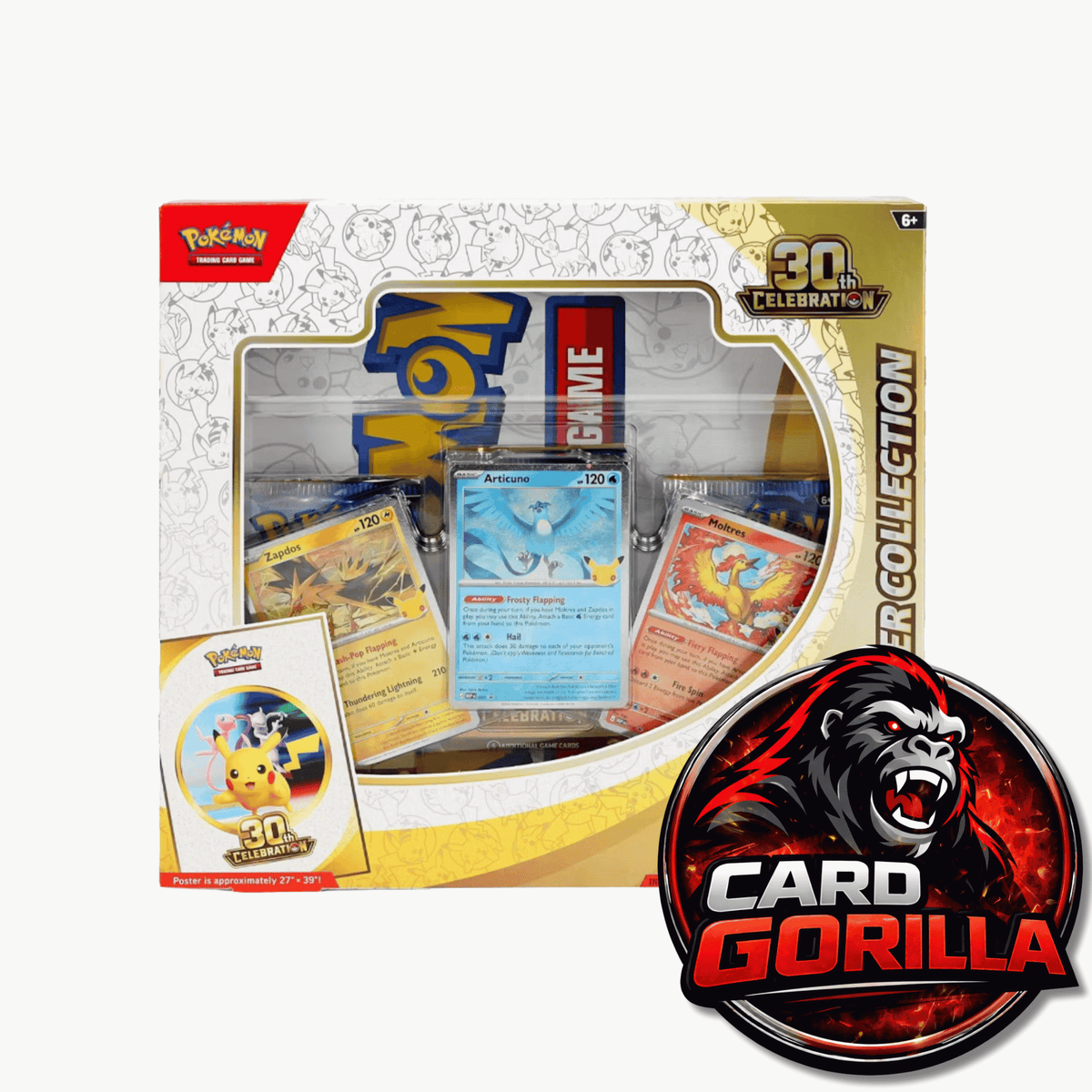 Pokémon 30th Celebration Card Collection gift set in its original window box packaging, featuring a variety of Pokémon trading cards visible inside. A large 'Card Gorilla' logo watermark is overlaid in the bottom right corner.