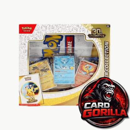 Pokémon 30th Celebration Card Collection gift set in its original window box packaging, featuring a variety of Pokémon trading cards visible inside. A large 'Card Gorilla' logo watermark is overlaid in the bottom right corner.