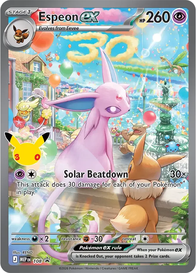 A single Pokémon trading card featuring Espion EX from Evolutions de Eevee, with a pink Eevee in a colorful bubble-filled town scene. The card includes Spanish text, a Pokémon logo, and game info bars at the bottom.