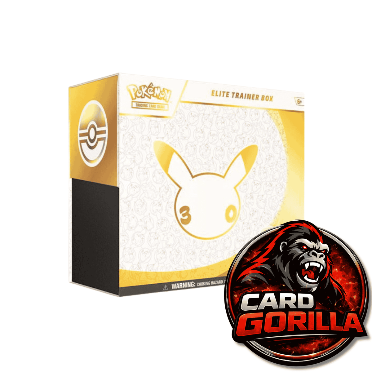 Pokémon Elite Trainer Box card pack packaging in gold, white, and black, featuring a Pikachu face graphic, alongside a Card Gorilla logo badge on a white background.