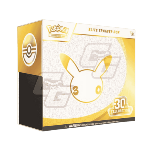 Pokémon Elite Trainer Box 30th Celebration edition packaging, featuring a gold and white design with a large Pikachu graphic and a black side panel with a Pokémon logo.