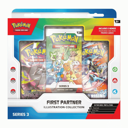 Pokémon Trading Card Game First Partner Illustration Collection retail box set, containing a Mega Evolving Skies promo card, a U Tapir booster pack, and a Rising Ekrobo booster pack, shown in its retail packaging.