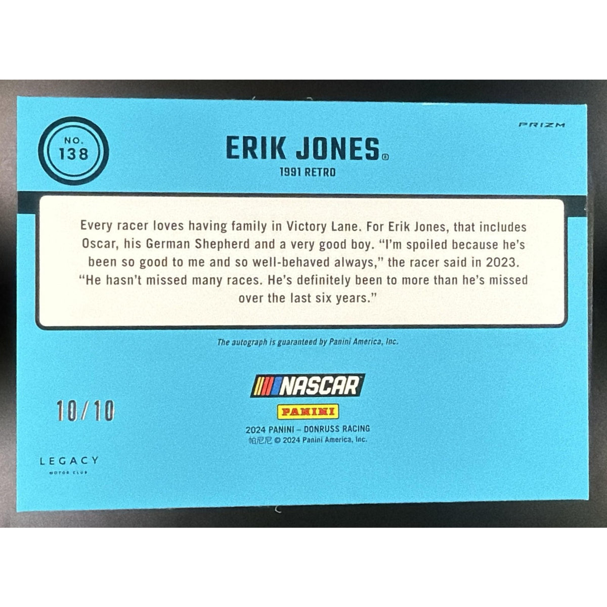 2024 Panini Donruss Erik Jones #138 Optic Signatures Gold Velocity /10 Retro 91