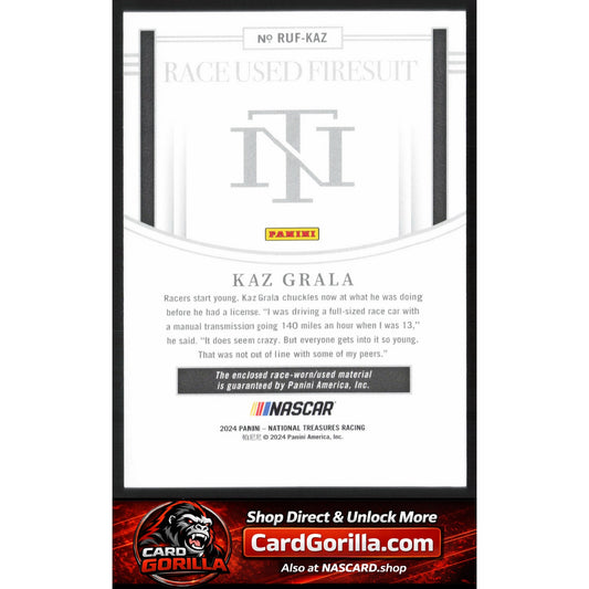 2024 Panini National Treasures #RUF-KAZ Kaz Grala Race Used Firesuit #/99