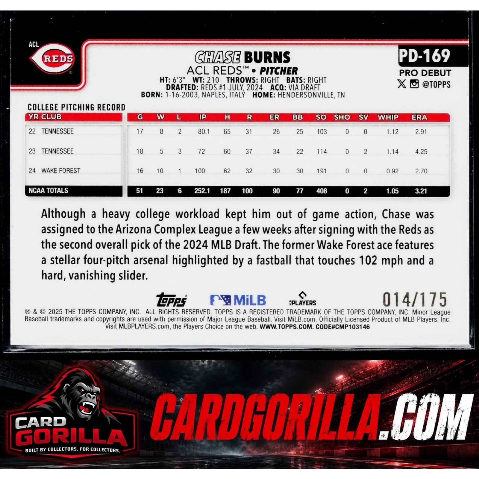 2025 Topps Pro Debut #PD-169 Chase Burns Base Autographs Sparkle Foil #/175